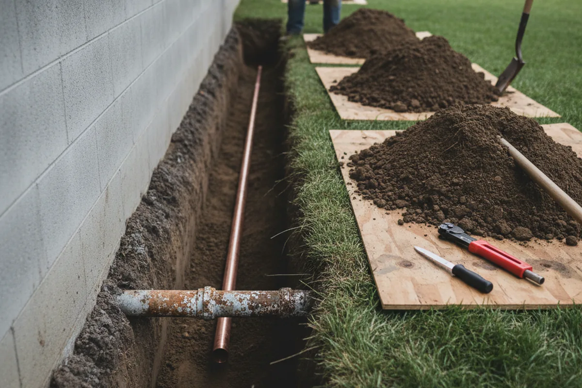 Excavated water line trench during Water Softener Installation in Catlett